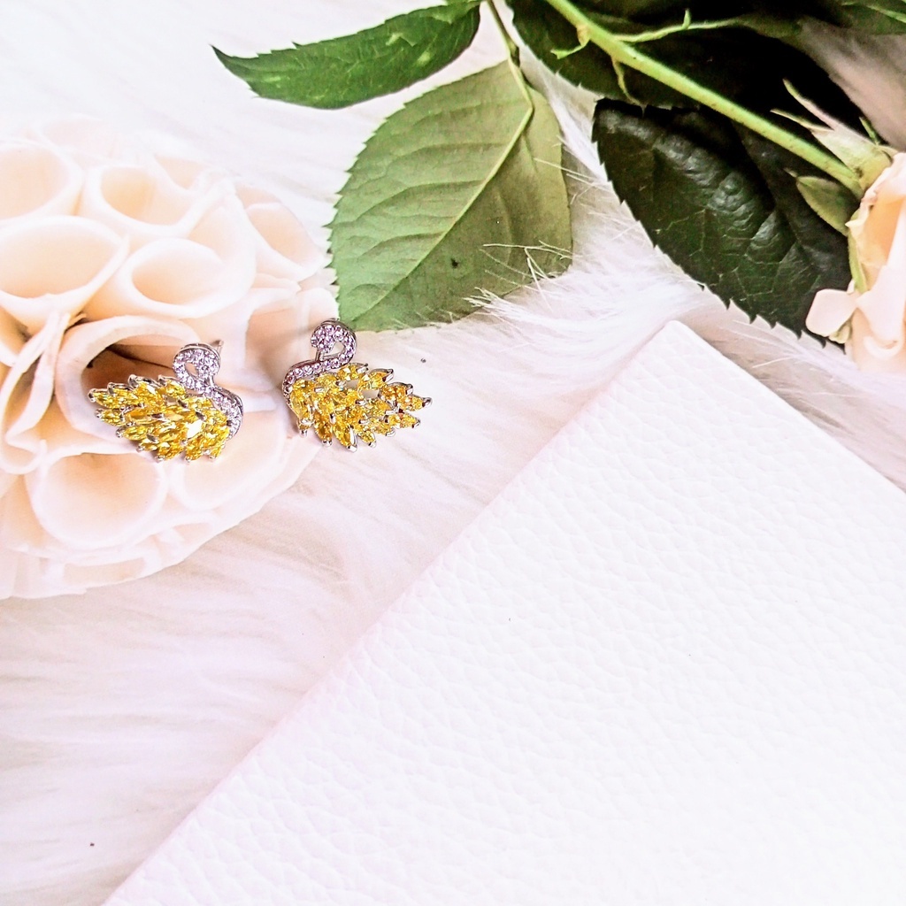 Bông tai bạc 925 thiên nga đính đá zircon tím, vàng, hồng