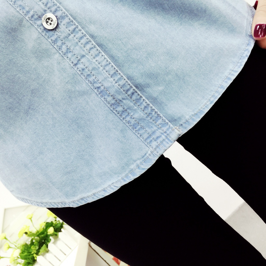 Áo Sơ Mi Denim Tay Ngắn Dáng Ôm Phong Cách Hàn Quốc Thời Trang Cho Nữ