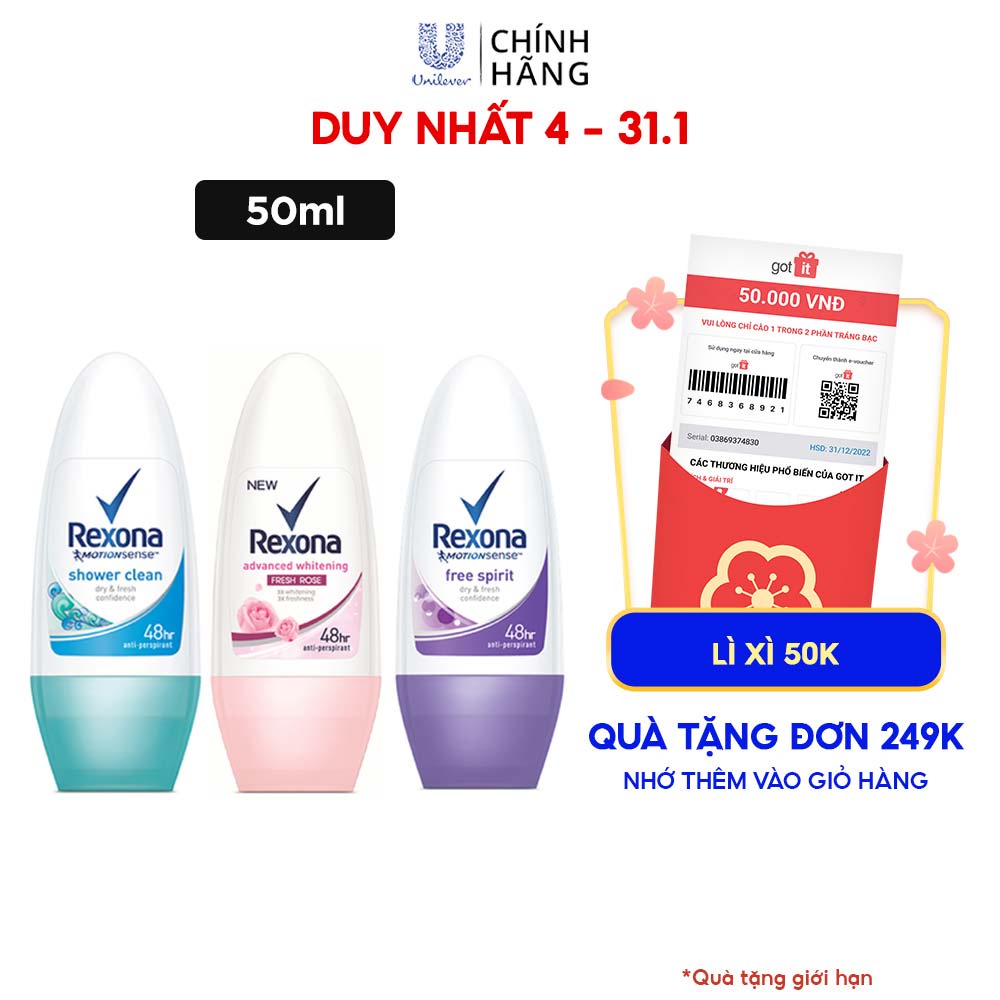 Lăn khử mùi Rexona dưỡng sáng tự nhiên, khô thoáng tối ưu dành cho nữ, 50ml