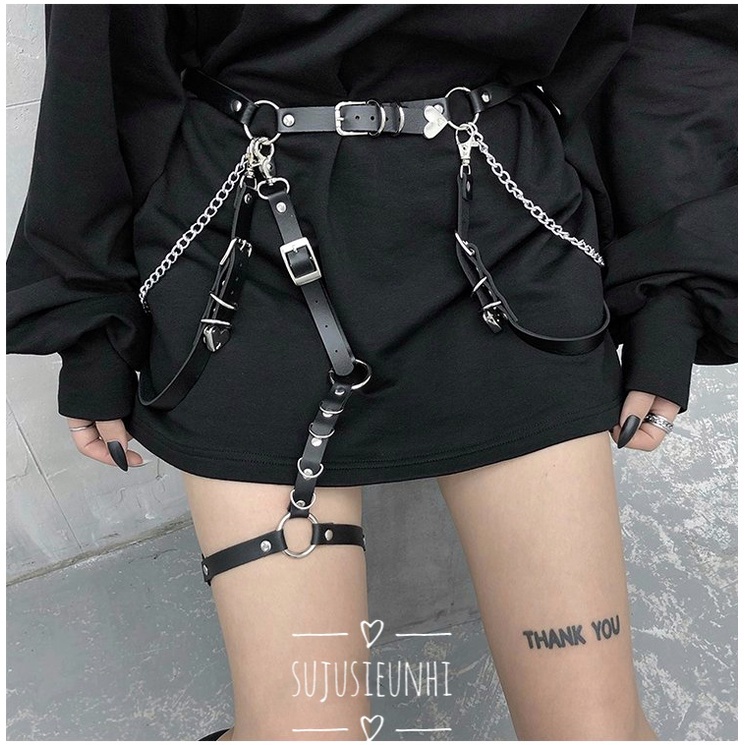 Thắt lưng da dáng chuỗi liền dây xích gothic lolita kèm choker đeo đùi loại dài phong cách punk