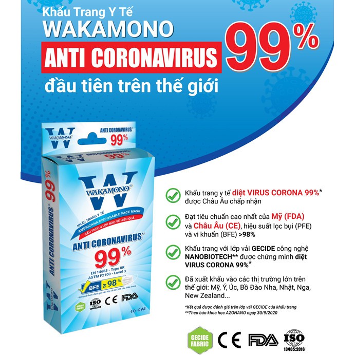 Hộp 10 cái Khẩu trang WAKAMONO đạt tiêu chuẩn Mỹ (FDA) &amp; Châu Âu (CE)