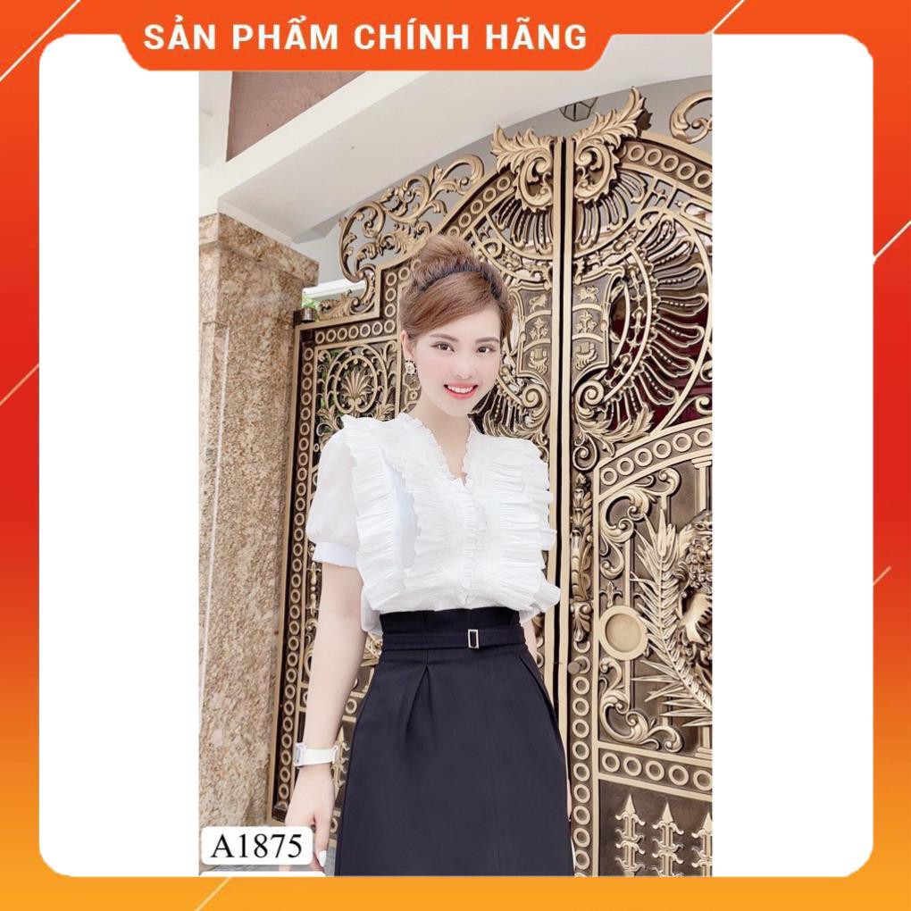 Set Áo Voan Lụa Trắng Xếp Bèo Mix Chân Váy A Đen - Thiết Kế Cao Cấp - CM - 1875