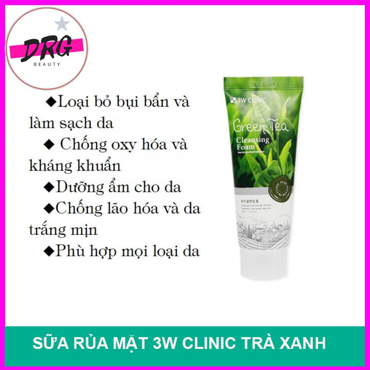 [Sữa rửa mặt trà xanh] [Trà xanh 3w] làm sạch ngăn ngừa mụn 3W CLINIC GREEN TEA CLEANSING FOAM