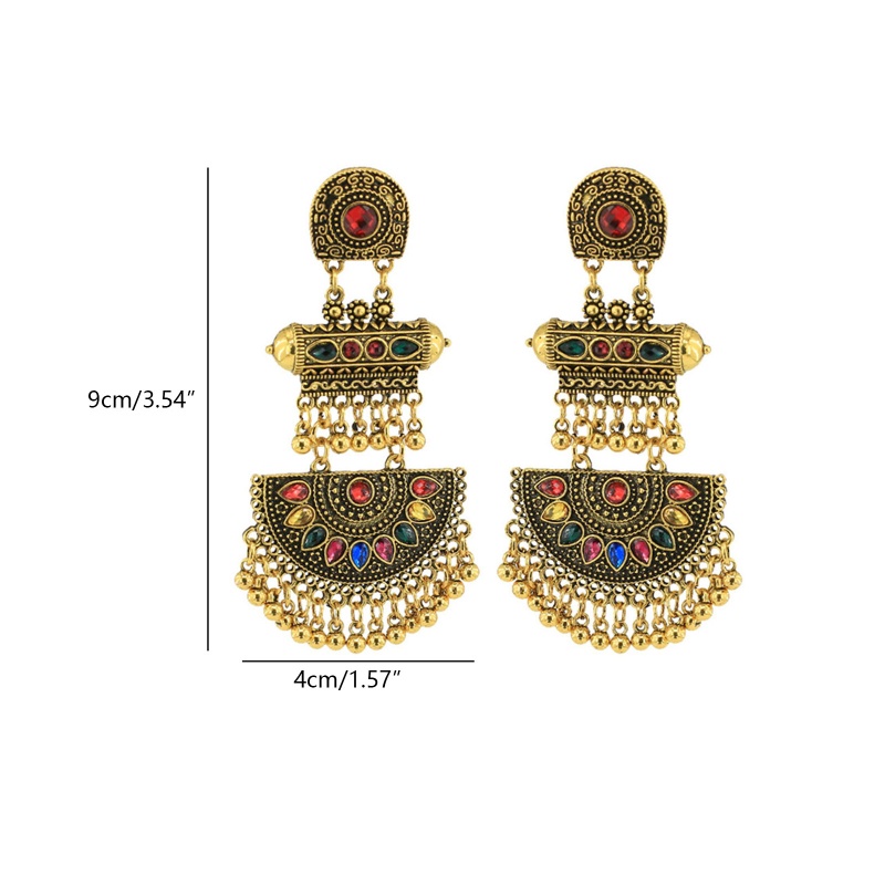 Bông Tai Dáng Dài Đính Đá Phối Tua Rua Phong Cách Ấn Độ