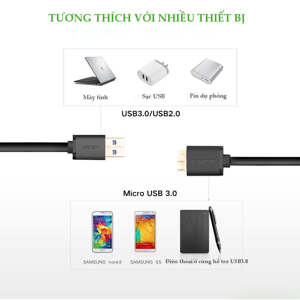 Dây cáp USB 3.0 sang Micro B dài 1m chính hãng Ugreen 10841
