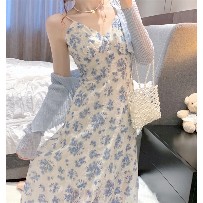 Áo khoác tay dài/ Đầm maxi hai dây XIAOZHAINV dáng chữ A họa tiết hoa mềm mại thời trang dành cho nữ