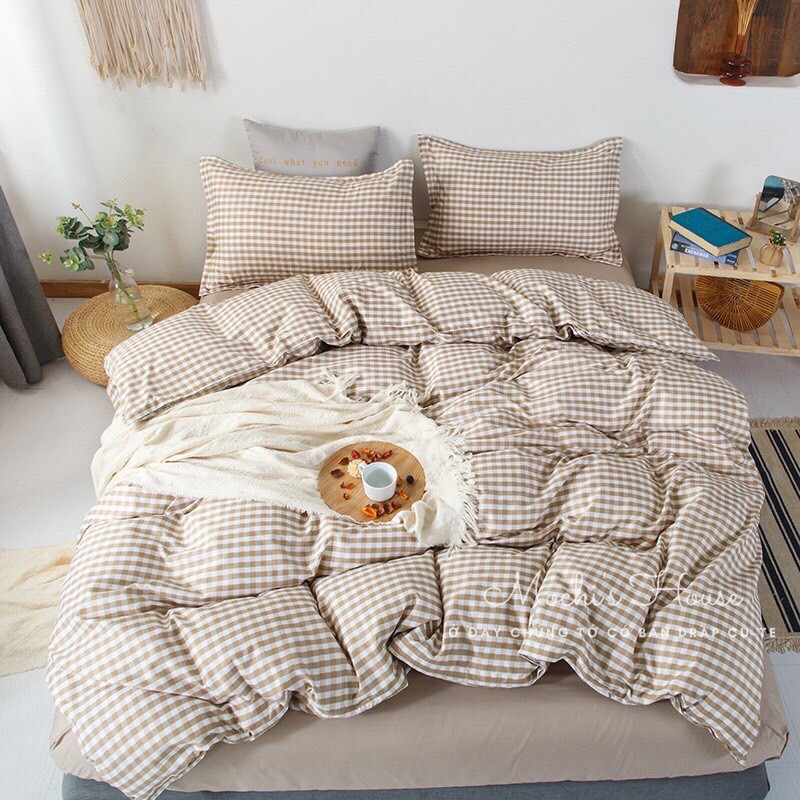 BỘ CHĂN GA GỐI POLY COTTON CARO NÂU CỰC XINH MẪU MỚI