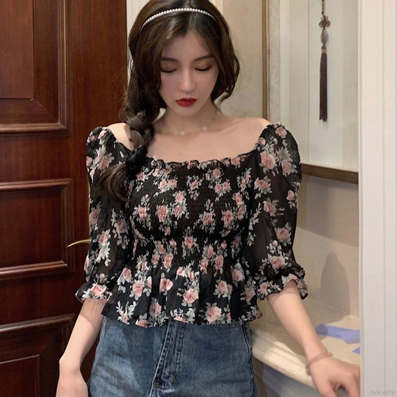 Áo voan croptop hoạ tiết hoa thiết kế trễ vai quyến rũ