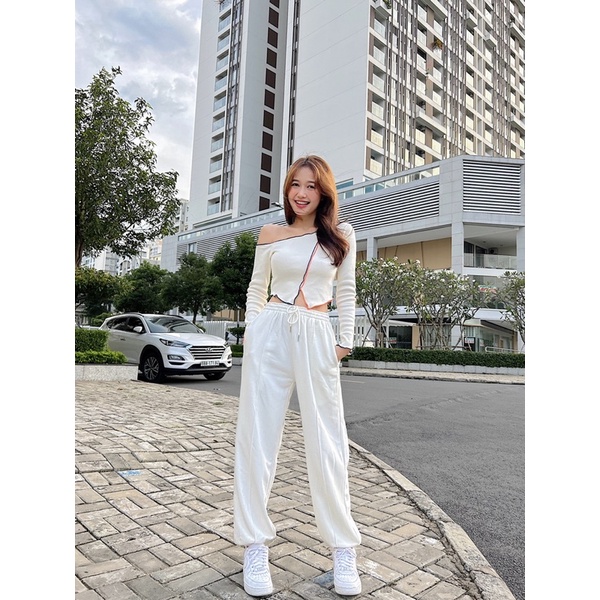Áo croptop nữ dài tay body TOPTIFY lệch vai viền màu Tia Top A199 | BigBuy360 - bigbuy360.vn