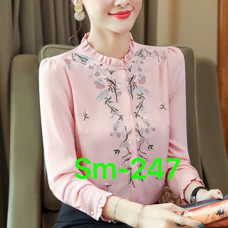 Áo Sơ Mi Công Sở Tay Dài Hoạ Tiết Thêu Tay Cổ Tròn
