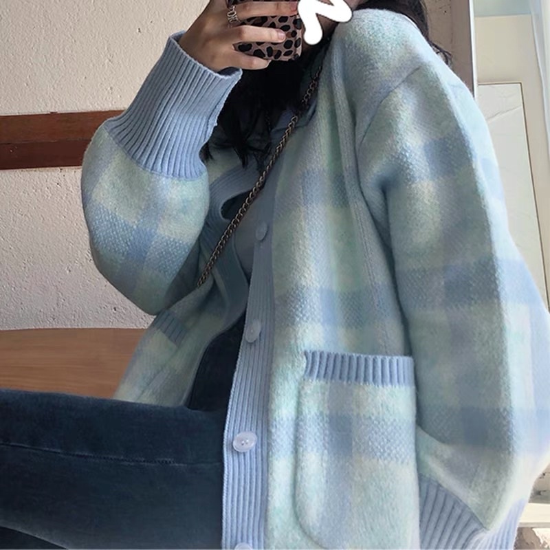 Freeship Áo Cadigan Len Cài Cúc Xanh pastel Kẻ Hàng Cao Cấp