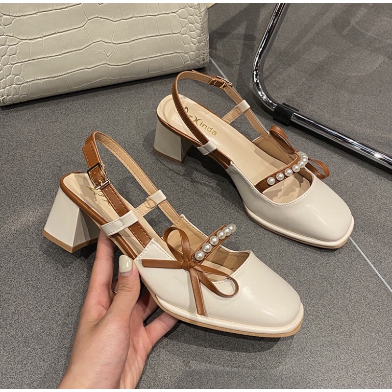 Giày cao gót mũi vuông mũi vuông đính nơ ngọc trai nhân tạo Mary Jane Hàn Quốc 2021 -6235
