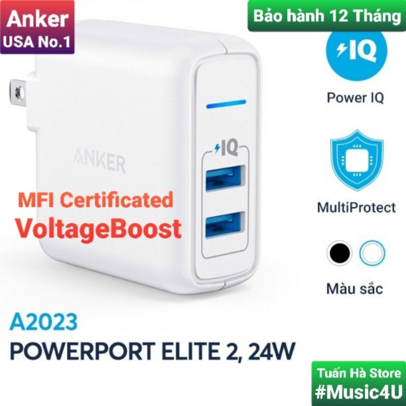 Củ sạc nhanh 2 cổng 24W Anker PowerPort A2023 A2027 PowerIQ cho Iphone 6 7 8 Plus X Tuấn Hà Store