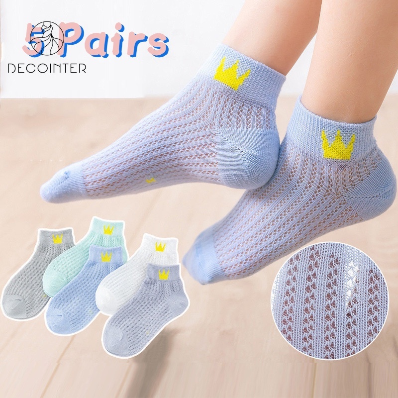 Set 5 Đôi Vớ Thuyền Phối Lưới Mỏng Co Giãn Thoáng Khí In Họa Tiết Vương Miện Hoạt Hình Thời Trang Mùa Hè Cho Bé Trai