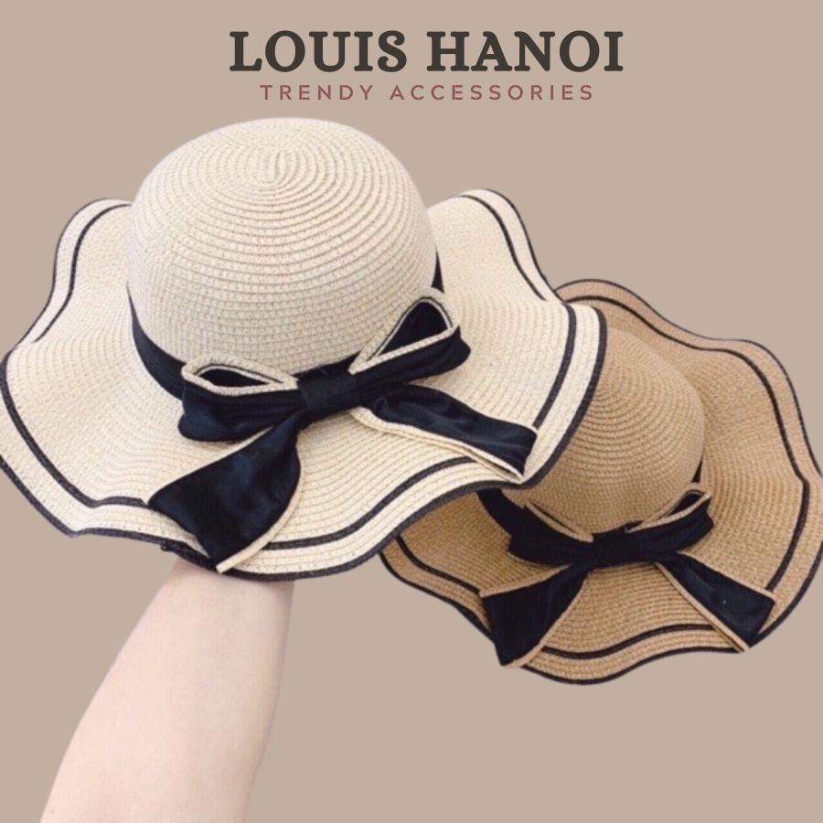 Mũ Cói Đi Biển Cho Nữ Louis Hanoi - Nón Cói Vành Rộng, Lượn Sóng, Nơ Kép Phong Cách Hàn Quốc