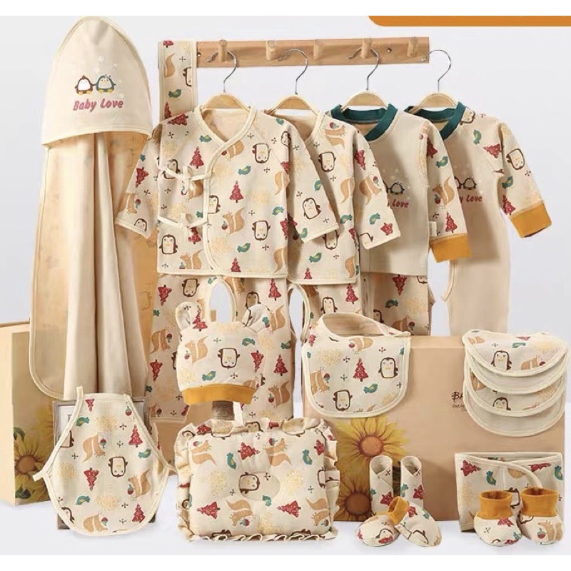 Set quà tặng cotton organic cao cấp cho bé sơ sinh đầy tháng kèm hộp đựng túi xách 24 chi tiết