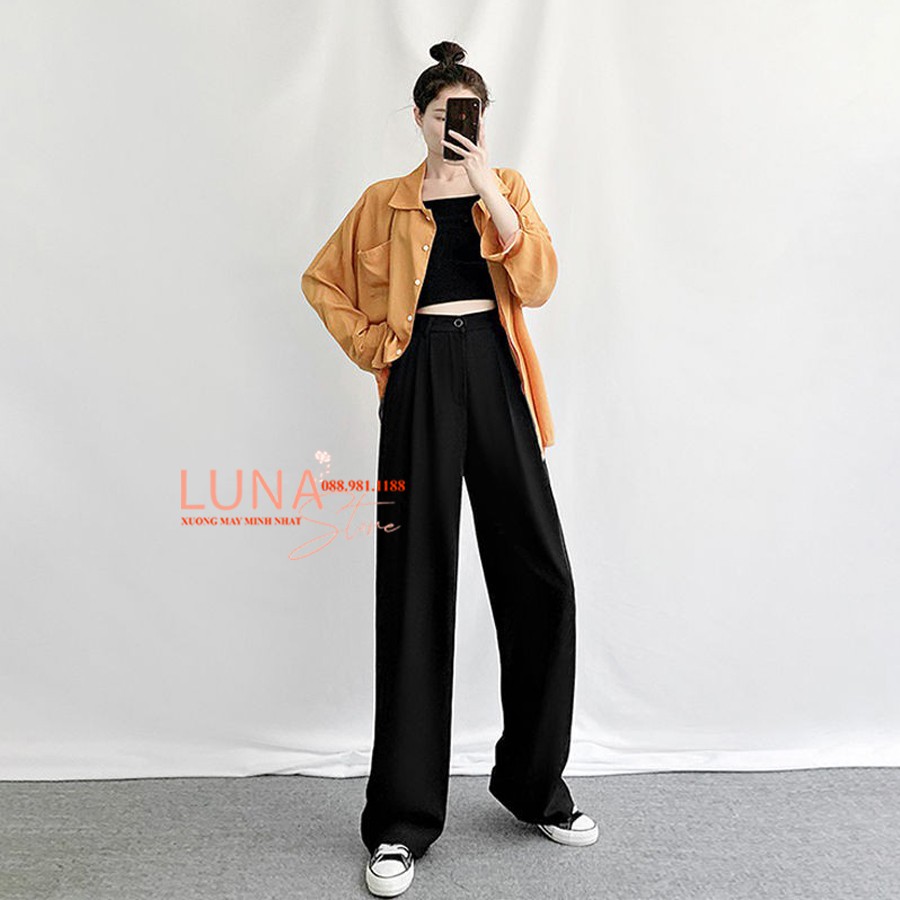 Quần ống rộng dài cạp lưng cao có đai khóa túi cúc - Màu Đen Tím - Vải tuyết mưa dày - Học sinh mặc đi học làm công sở