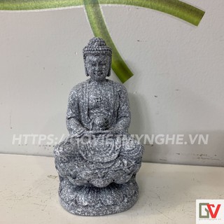 Tượng đá trang trí Đức Phật A Di Đà ngồi thiền trên tòa sen - Cao 11cm - Màu đá xám