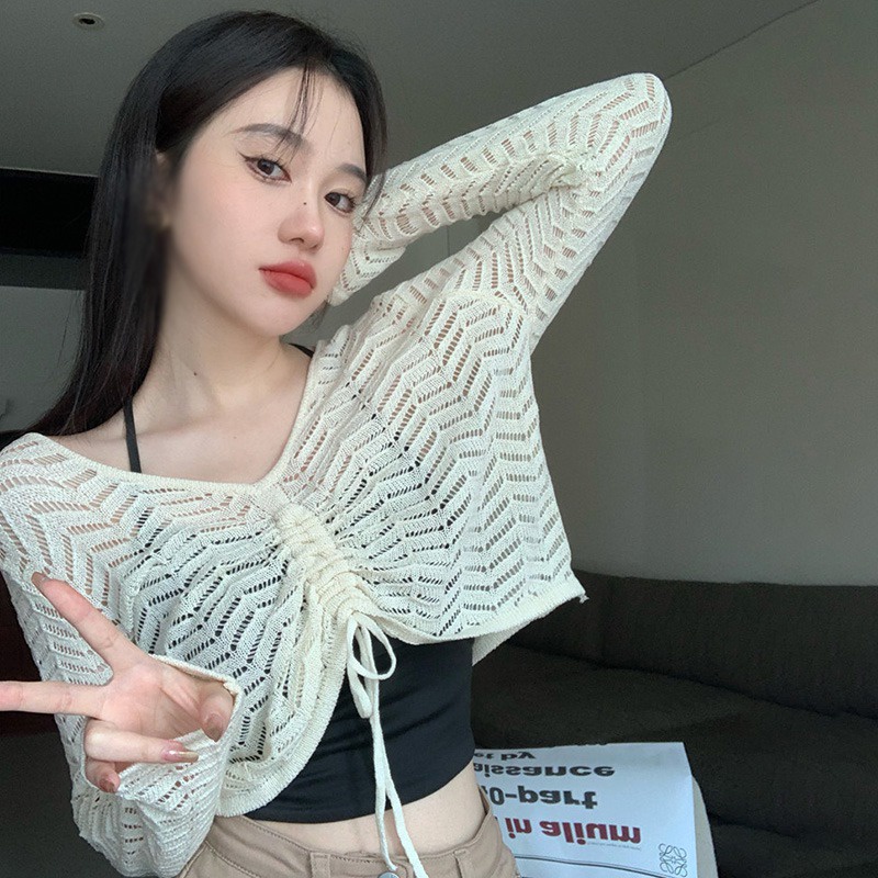 Áo Croptop Dệt Kim Tay Dài Chống Nắng Màu Sắc Trơn Phối Dây Rút Phong Cách Vintage Hàn Quốc Cho Nữ