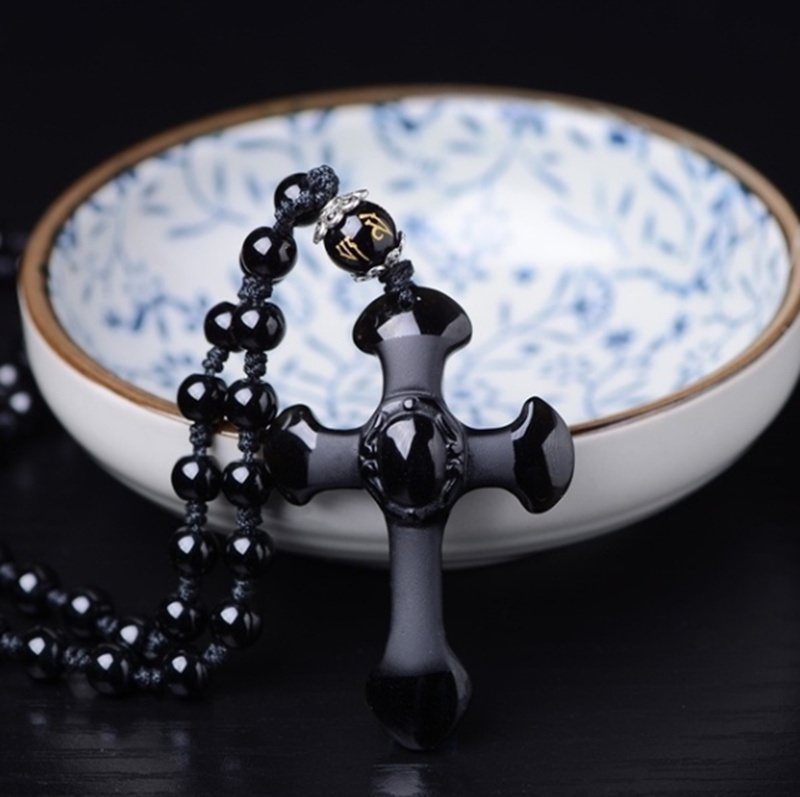 Vòng cổ mặt thánh giá chuỗi hạt đá obsidian tự nhiên màu đen chạm khắc tay thời trang cho nam và nữ