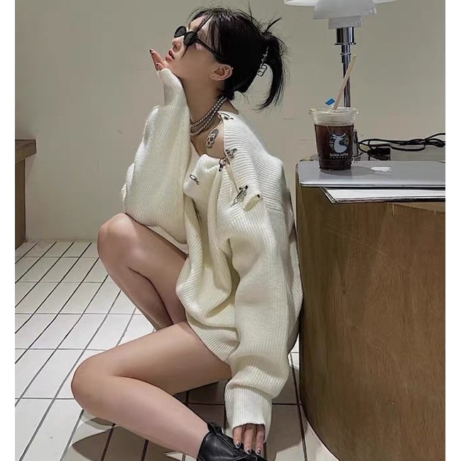 Áo Sweater Dệt Kim Trễ Vai Dáng Rộng Thời Trang Mùa Thu Cho Phái Nữ