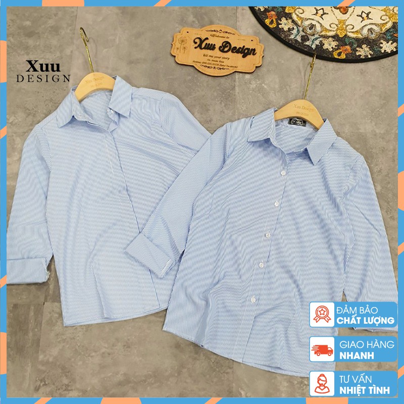 Áo sơ mi nữ công sở 💖Xuu Design💖Sơ mi kẻ xanh cổ đức cơ bản chất đẹp SM04