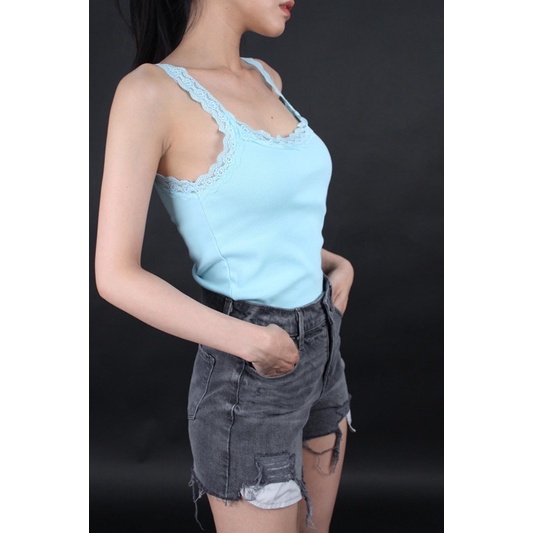 Áo thun hai dây thun gân viền ren • Storenyy