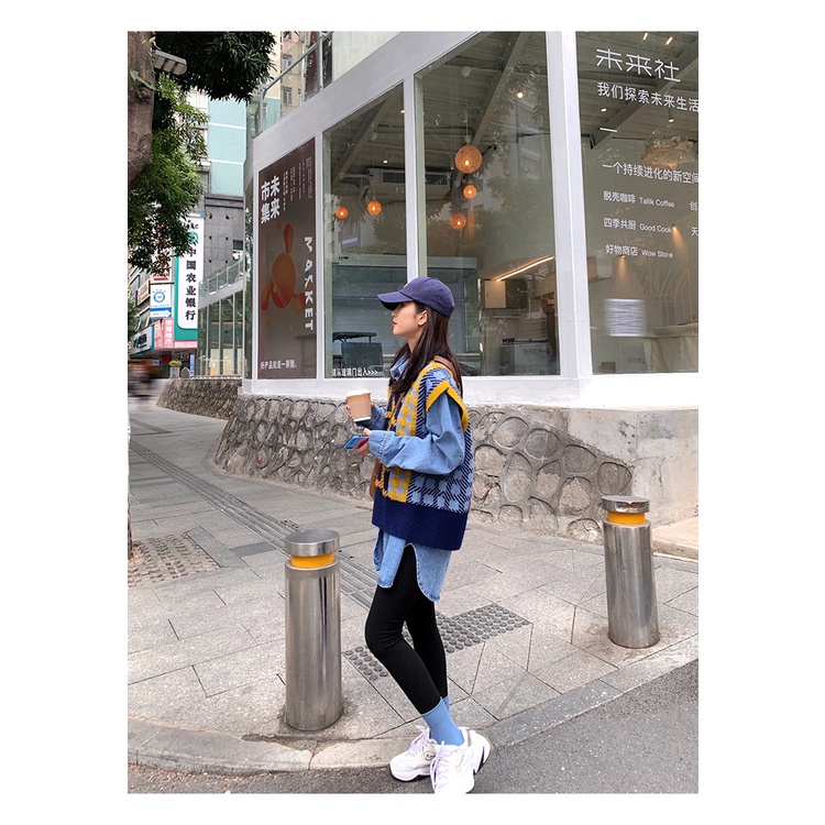 MỚI Áo len không tay cổ chữ V họa tiết caro cổ điển