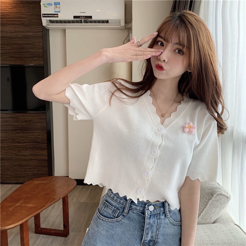 Crop Top Korean Style Wavy Knitted Short-sleeved Top Cardigan Chrysanthemum