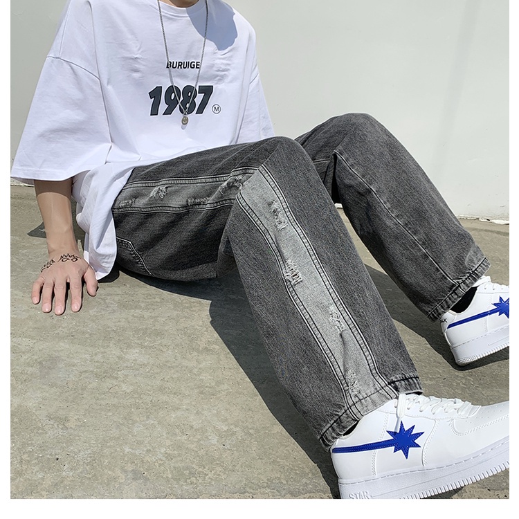 Quần Jean Ống Rộng Phối Sọc Thời Trang Theo Phong Cách Hip Hop