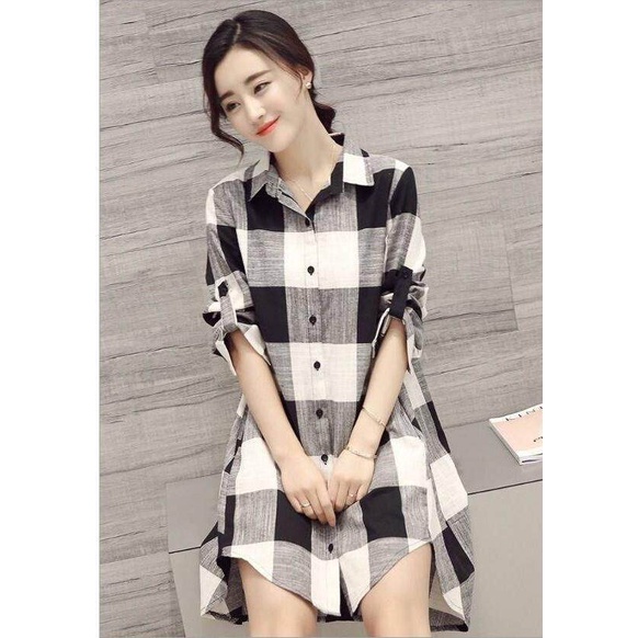 Áo Sơ Mi cotton Dáng Dài Rộng Họa Tiết Kẻ Sọc Ca Rô Thời Trang Mùa Hè Dành Cho Nữ 2022