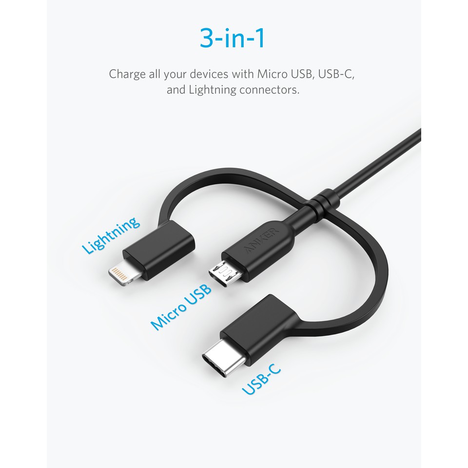 Cáp sạc 3 đầu ANKER PowerLine II MFi Lightning - USB TypeC-Micro USB 0.9m (3 in 1)-A8436