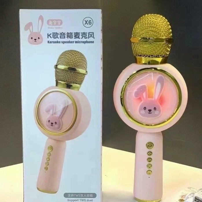 Micro Karaoke Bluetooth Không Dây Kèm Loa X6 Hình Thỏ Đáng Yêu Âm Thanh Trầm Ấm Hát Hay Bắt Gịong Tốt