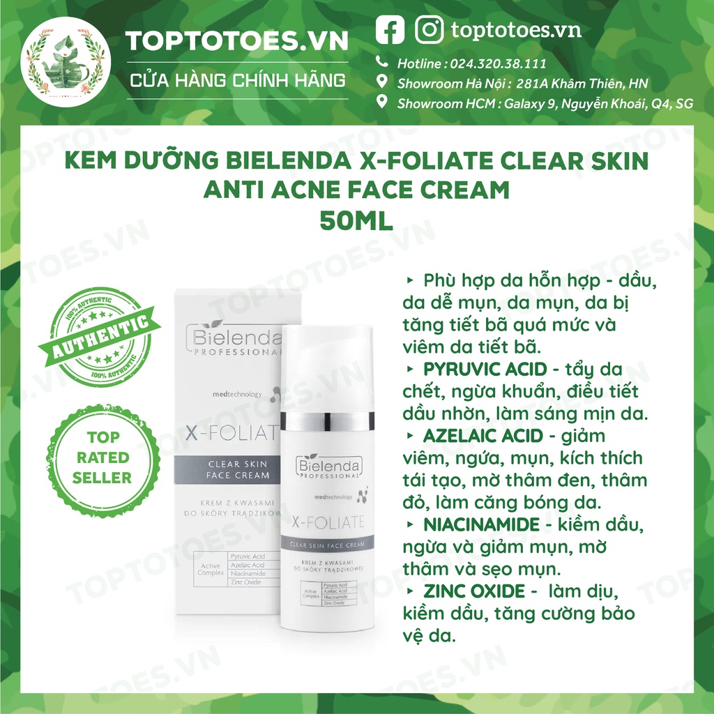 Kem dưỡng giảm mụn, mờ thâm Bielenda Professional X-Foliate Clear Skin Anti Acne Face Cream 50ml
