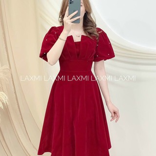 Đầm nữ trung niên cách điệu tay rộng phối sao dự tiệc 2 màu đỏ đen gợi cảm quý phái