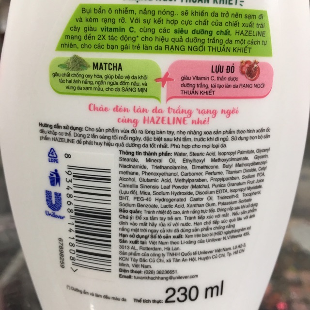 Sữa dưỡng thể Hazeline matcha & lựu đỏ trắng da ngày và đêm 230ml