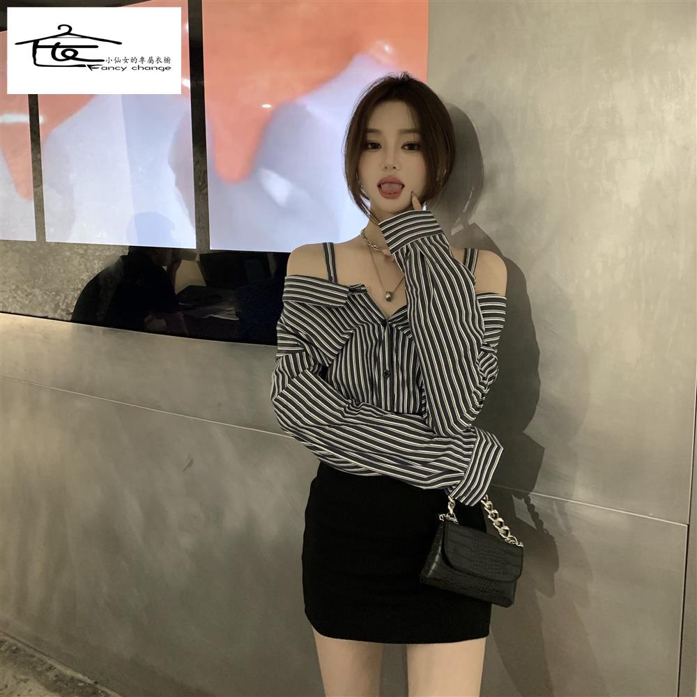 One Đầm Sơ Mi Nữ Tay Dài Kẻ Sọc Giả Hai Lớp Thời Trang