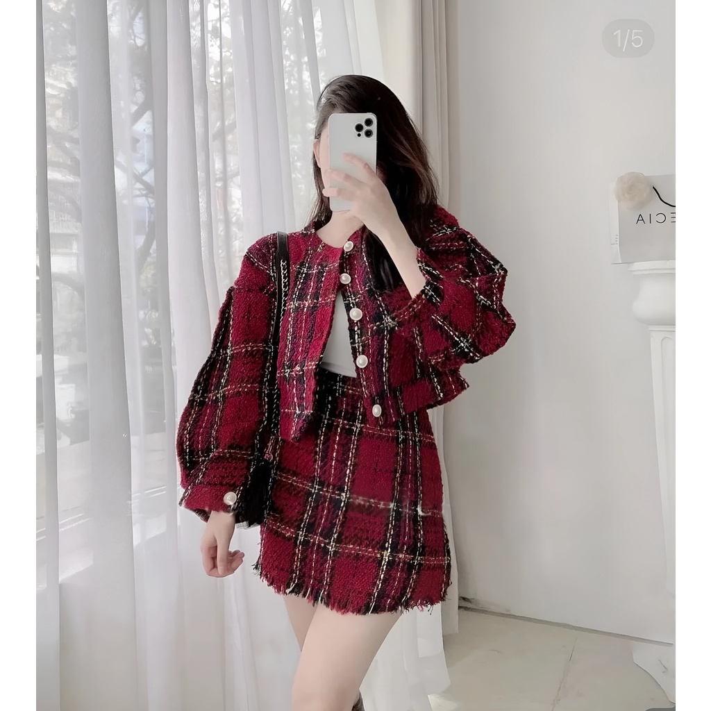 Set Dạ Kẻ Đỏ - MeiMei Store 2209SET5
