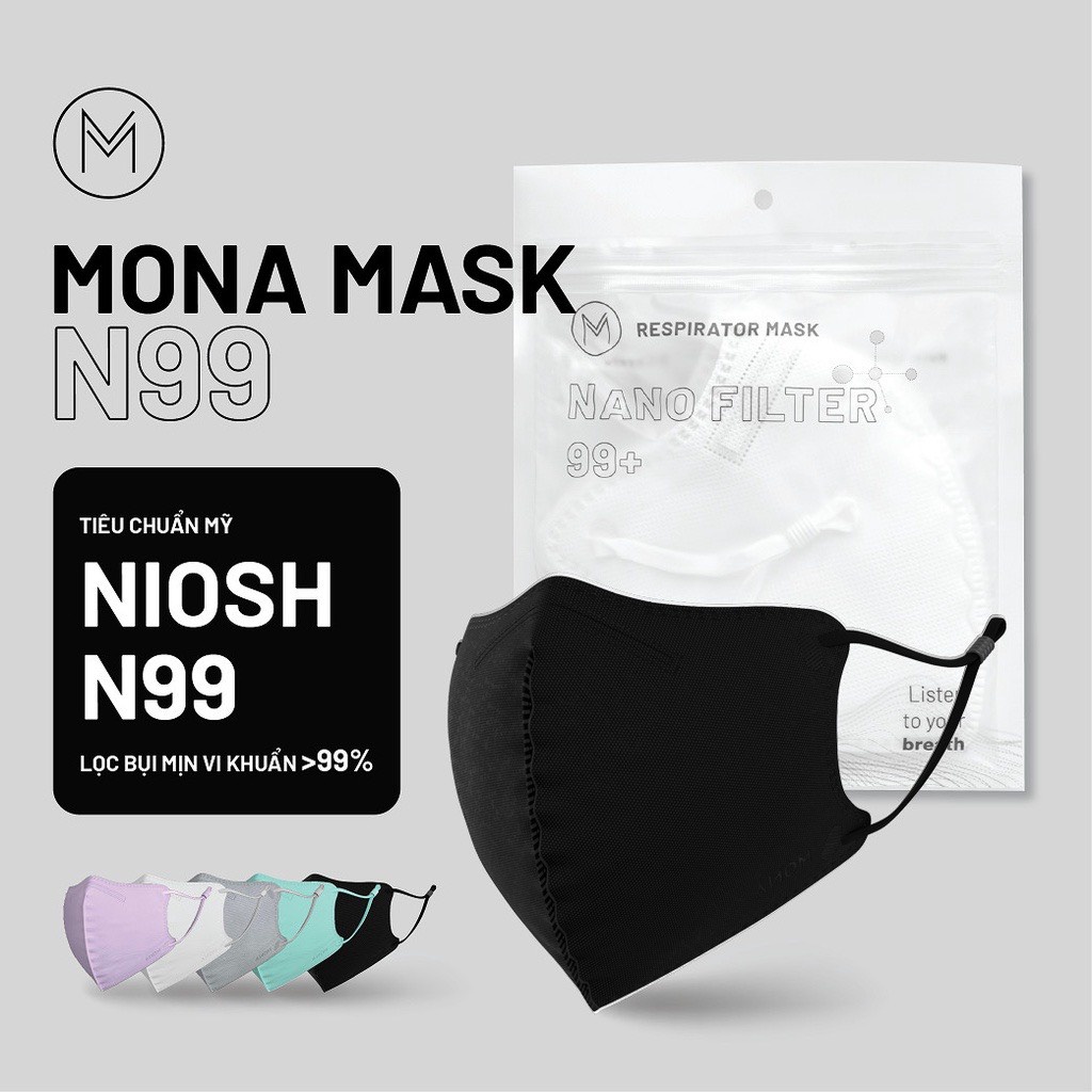 Khẩu Trang Bảo Hộ Mona Mask Tiêu Chuẩn N99 Ngăn Đến 99% Hạt Bụi Siêu Mịn Có Kích Thước Từ 0,3 Mircromet