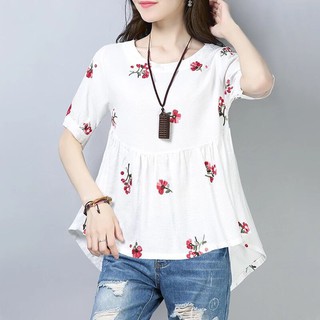 Áo thun cotton tay ngắn dáng xòe rộng in hoa dễ thương thời trang cho nữ