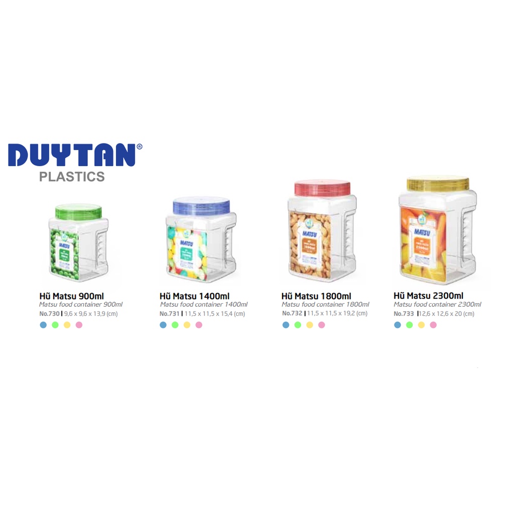 Hũ Thực Phẩm Vuông Matsu DUY TÂN 900ml 1400ml 1800ml 2300ml | Nắp trong nhiều màu | Hibucenter