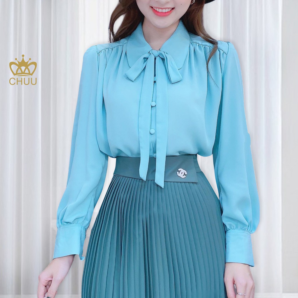 Áo sơ mi tay dài cổ nơ nút bọc Basic CHUU A5063