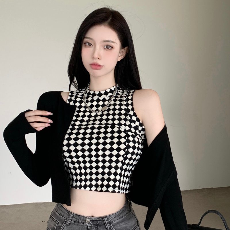 Áo croptop sát nách họa tiết sọc caro quyến rũ, cá tính cho nữ, dáng ôm body, chất liệu len dệt kim