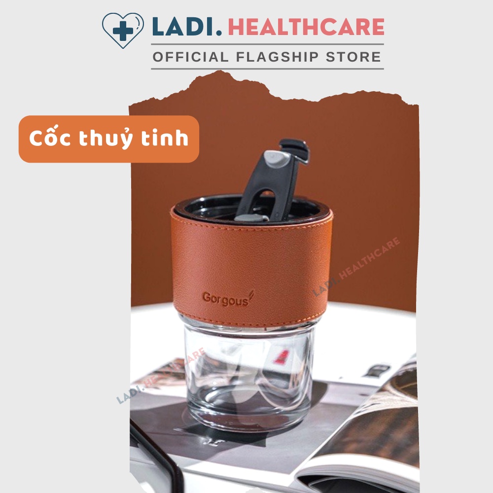 Cốc thuỷ tinh 450ml tặng Sticker trang trí ly, bình nước thuỷ tinh có nắp kèm bao da