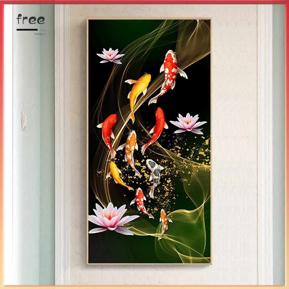 Bộ tranh đính đá hình cá koi và hoa sen DIY kích thước 45x85cm