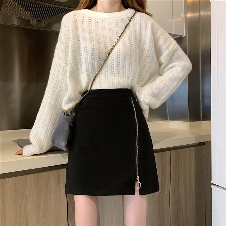 Chân váy chữ A lưng cao màu đen phong cách thu đông thời trang cho nữ