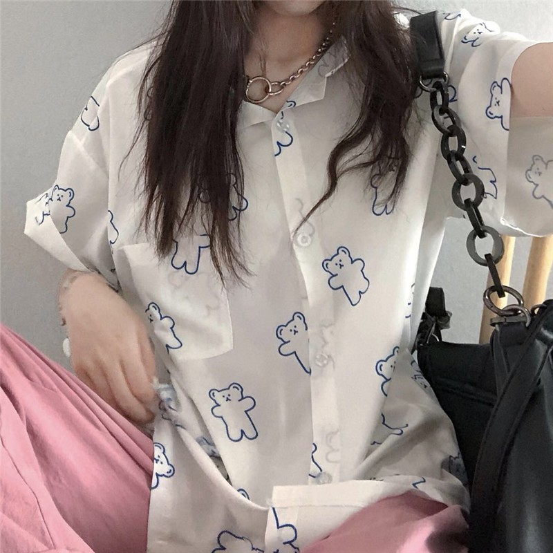 Áo Sơ Mi Tay Ngắn In Hình Gấu Phong Cách Hàn Quốc Thời Trang Dành Cho Nữ