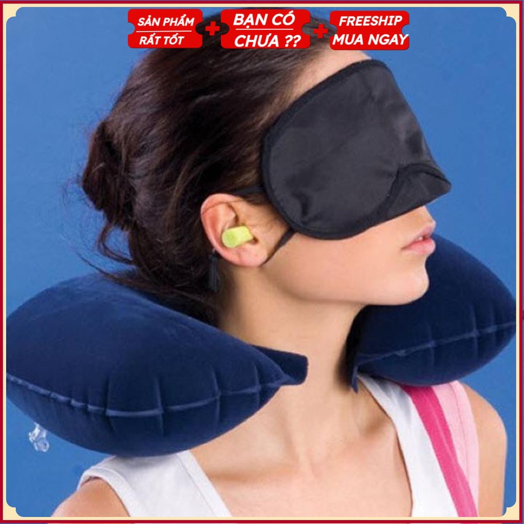 Gối Hơi Chữ U Kê Cổ Du Lịch KÈM BỊT MẮT, TAI - Gối Ngủ Trưa Văn Phòng, Máy Bay, Ô Tô, Chống Mỏi Vai Gáy