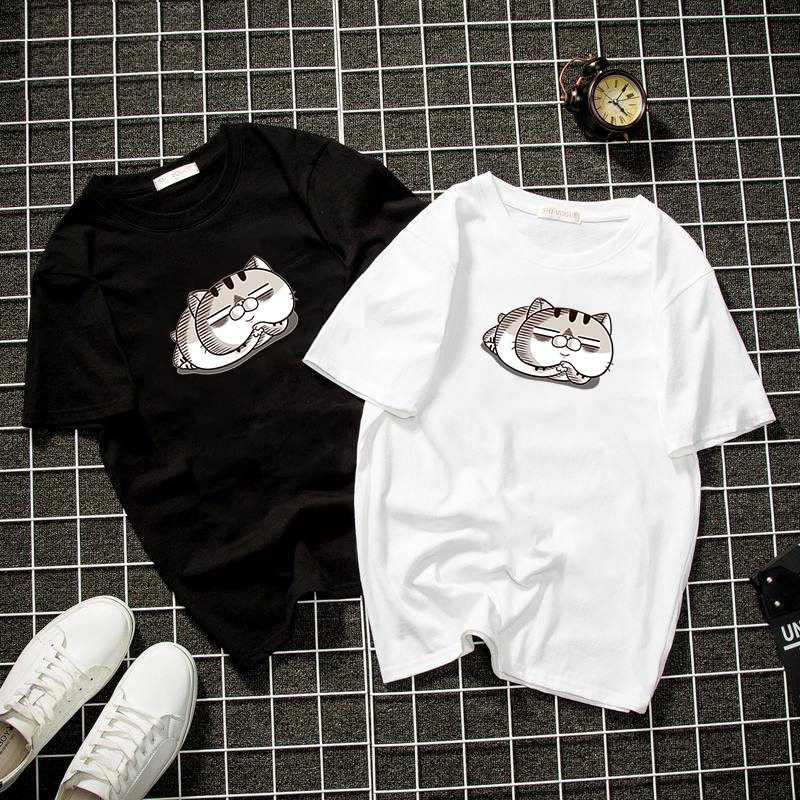 Áo thun unisex form rộng in mèo bụng bự chibi dễ thương vải dày mịn 2019T1112