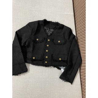 Áo dạ tweed đen cổ V (ORDER)